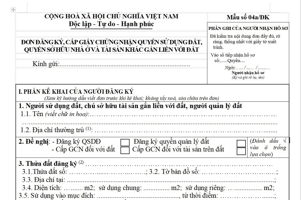 Mẫu số 04A-ĐK – đơn đăng ký cấp GCN