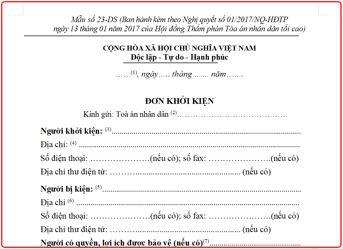Mẫu số 23 – đơn khởi kiện