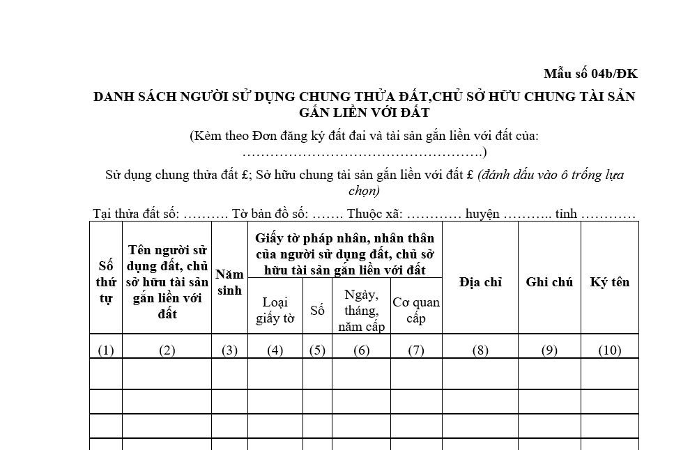 Mẫu số 04b/ĐK – Mẫu Danh sách người sử dụng chung thửa đất, chủ sở hữu chung tài sản gắn liền với đất