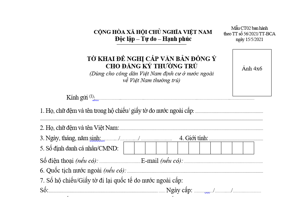 Mẫu Tờ khai đăng ký thường trú (Dùng cho công dân Việt Nam định cư ở nước ngoài về Việt Nam thường trú)- Mẫu CT02