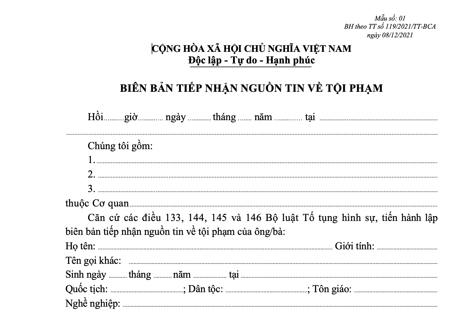 26 BIỂU MẪU TRONG TIẾP NHẬN, GIẢI QUYẾT NGUỒN TIN VỀ TỘI PHẠM