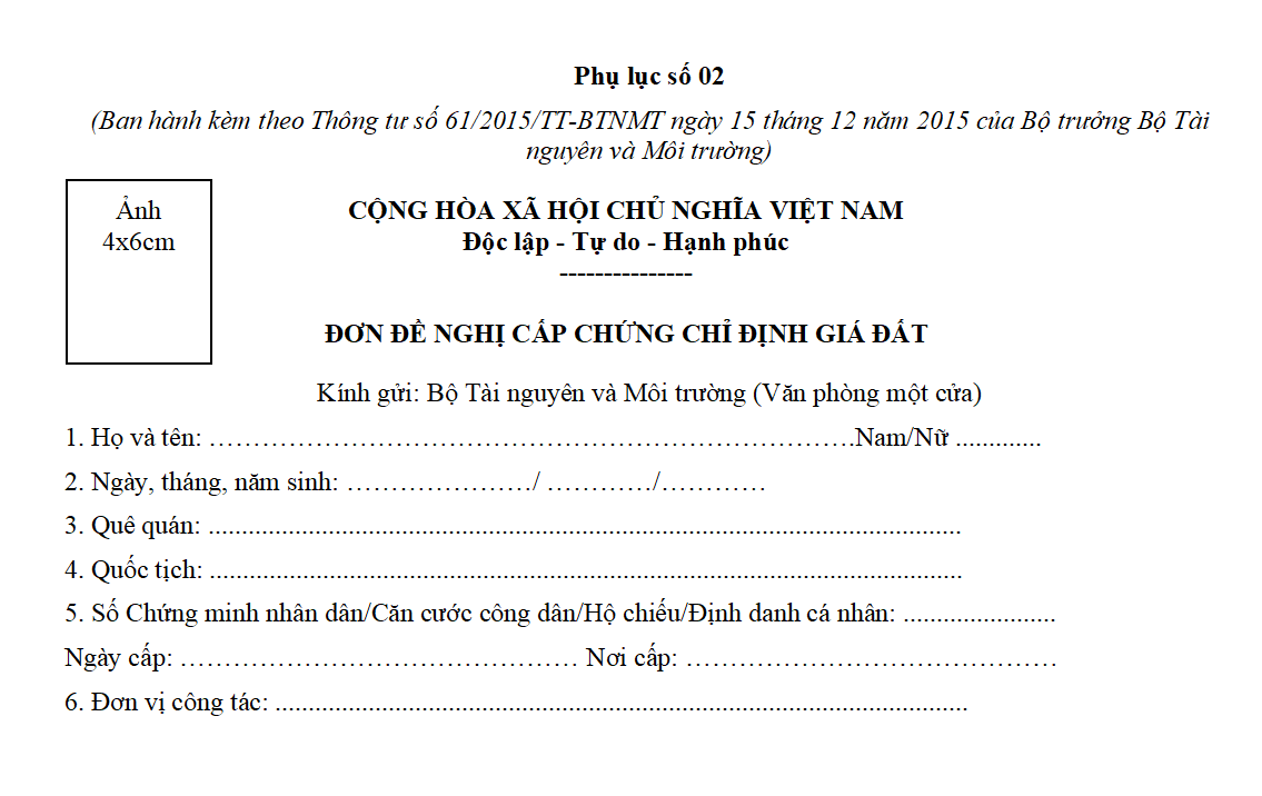 Mẫu Đơn đề nghị cấp Chứng chỉ định giá đất