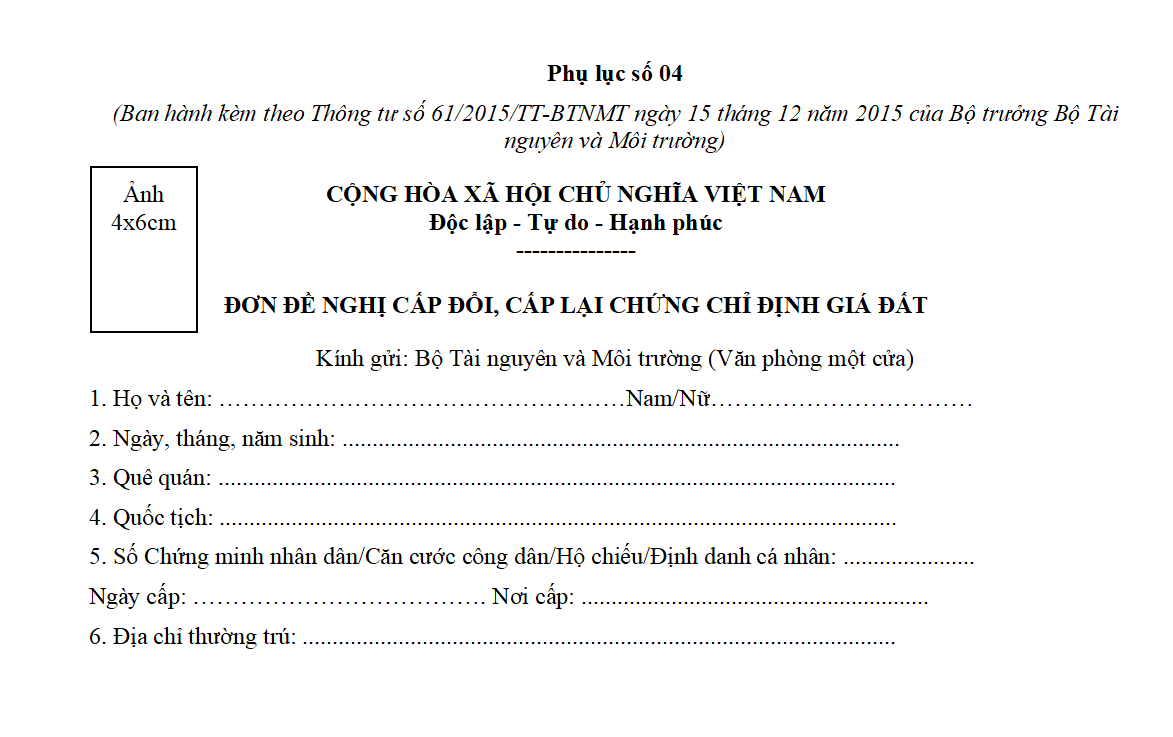 Mẫu Đơn đề nghị cấp đổi, cấp lại chứng chỉ định giá đất
