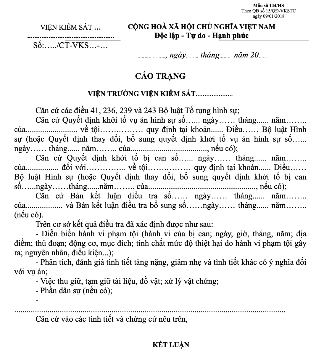 Mẫu Quyết định khởi tố vụ án hình sự và Cáo trạng