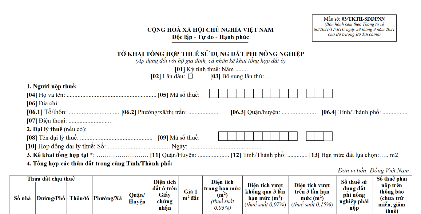 Mẫu số 03/TKTH-SDDPNN – Tờ khai tổng hợp thuế sử dụng đất phi nông nghiệp (áp dụng đối với hộ gia đình, cá nhân kê khai tổng hợp đất ở)
