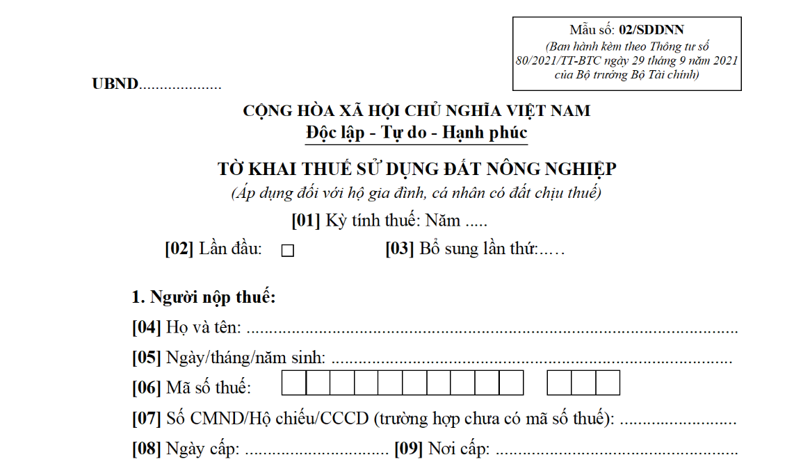 Mẫu số 02/SDDNN – Tờ khai thuế sử dụng đất nông nghiệp (áp dụng đối với hộ gia đình, cá nhân có đất chịu thuế)