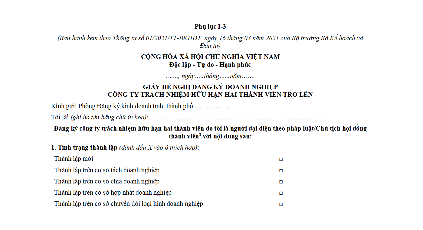 Mẫu Phụ lục I-3 – Giấy đề nghị đăng ký doanh nghiệp công ty TNHH hai thành viên trở lên