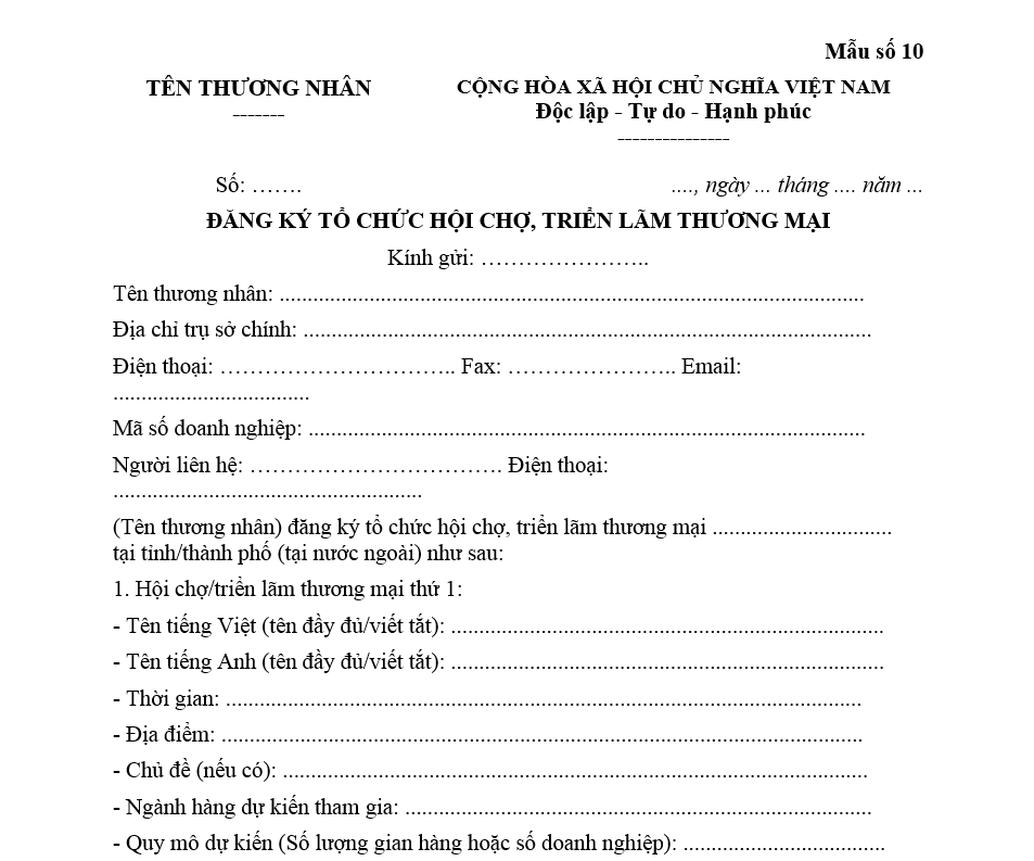 Mẫu số 10 – Đăng ký tổ chức hội chợ, triển lãm thương mại