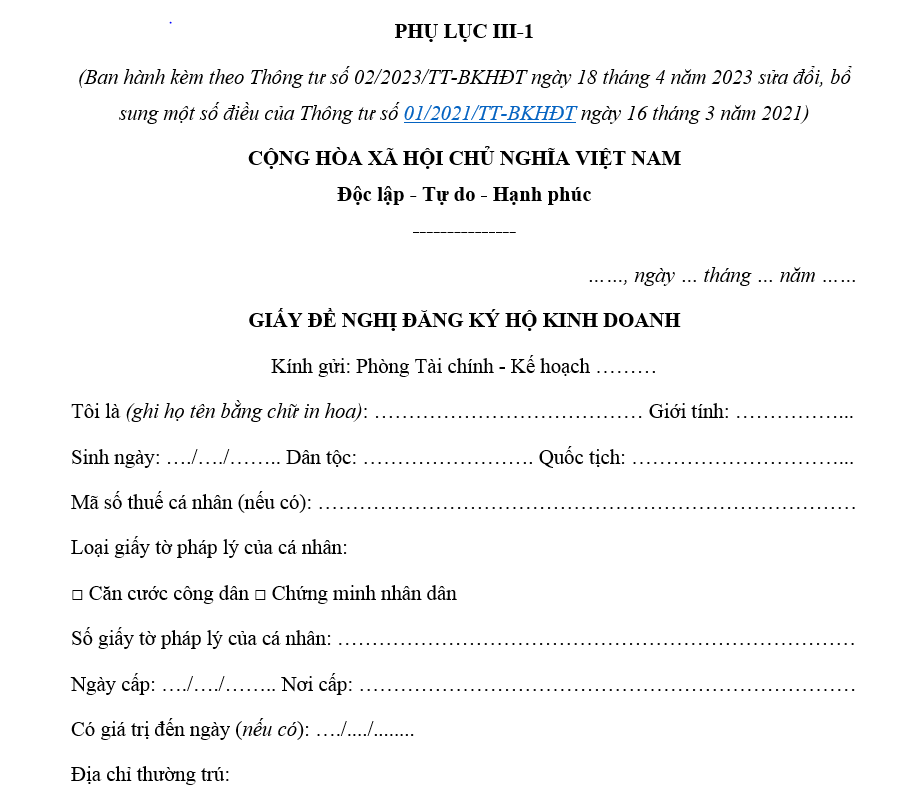 Mẫu Phụ lục III-1 – Giấy đề nghị đăng ký hộ kinh doanh