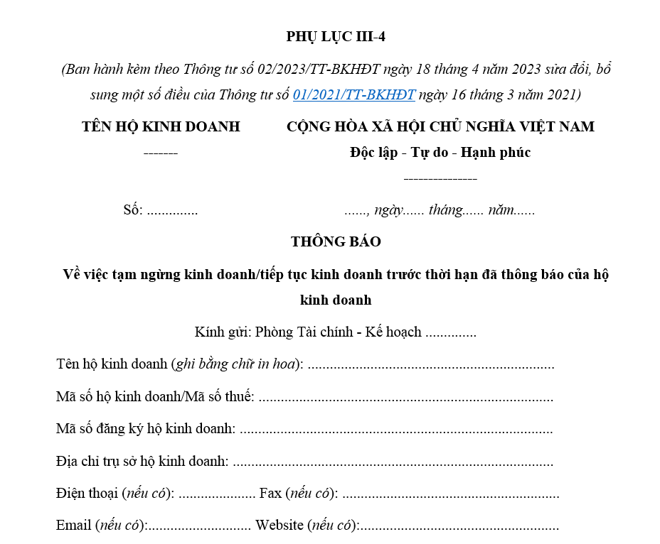 Mẫu Phụ lục III-4 – Thông báo về việc tạm ngừng kinh doanh/tiếp tục kinh doanh trước thời hạn đã thông báo của hộ kinh doanh