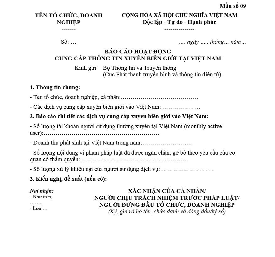 Mẫu số 09 – Báo cáo hoạt động cung cấp thông tin xuyên biên giới tại Việt Nam