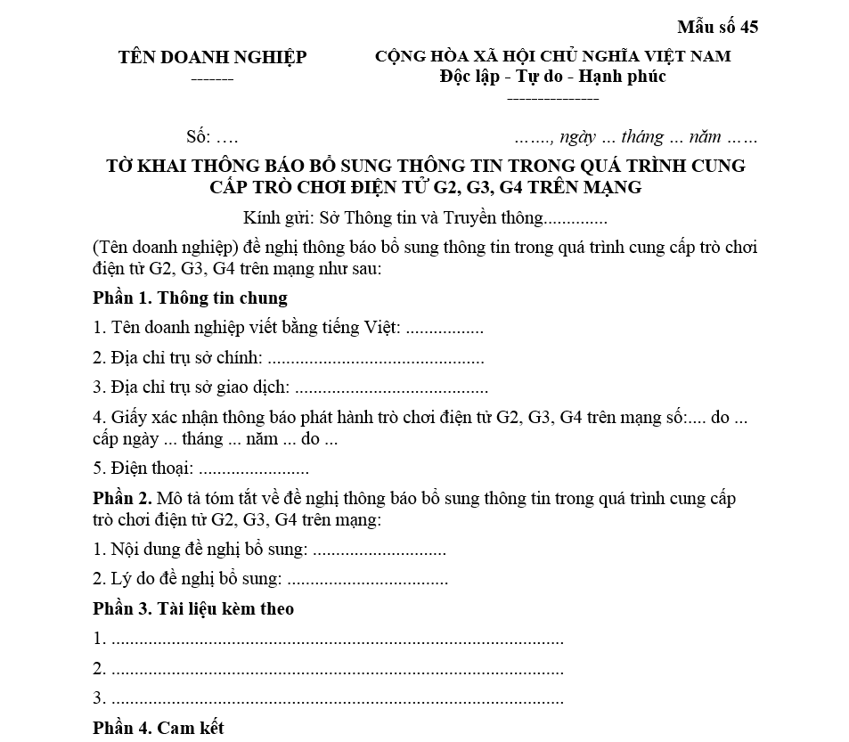 Mẫu số 45 – Tờ khai thông báo bổ sung thông tin trong quá trình cung cấp trò chơi điện tử G2, G3, G4 trên mạng